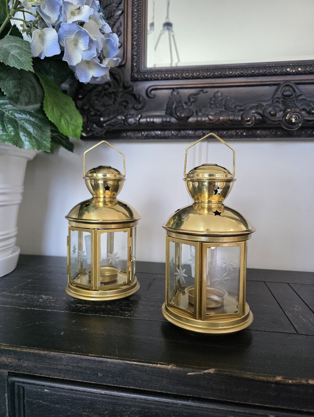 Vtg 1999 Y2K IKEA Brass Tone Starburst Candle Hokder Lantern Set Of 2